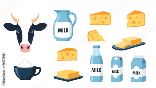 Comprehensive collection of dairy products including milk cartons, bottles, cheese, butter, and a stylized cow head.