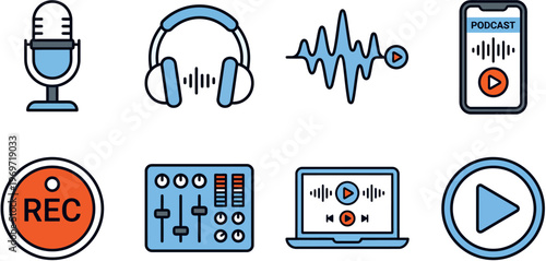 Podcast icons set with microphone headphones waveform and player
