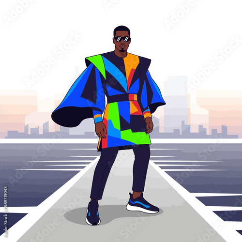 Fashionable man in colorful geometric outfit on runway with city skyline