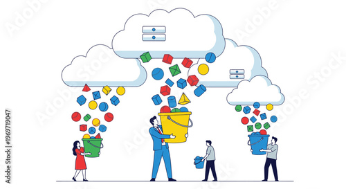 Cloud computing data storage and management concept, abstract shapes falling into buckets held by people