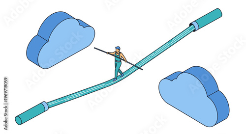 Man balancing on tightrope between clouds, symbolizing risk, challenge, and achievement in business or life