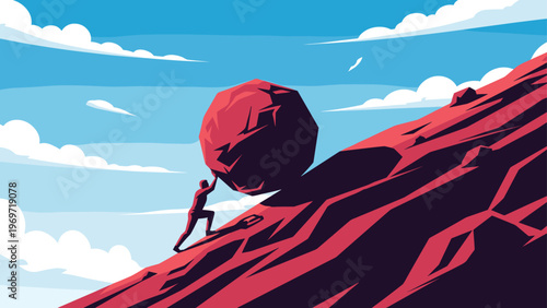 Philosophical illustration of a person pushing a massive red boulder up a steep mountain slope against a blue sky.