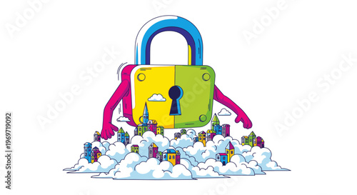 Cartoon padlock character with arms and legs standing over a city skyline on clouds, symbolizing security and protection.