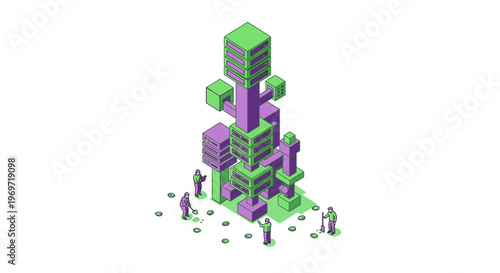 Isometric stylized abstract building with green and purple blocks and small figures around it, representing urban planning or construction