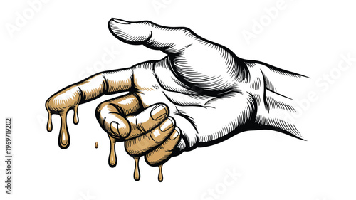 Hand squeezing honey with detailed lines and realistic texture isolated on transparent background