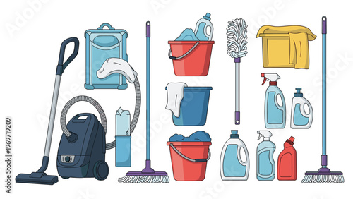 Comprehensive set of domestic cleaning equipment including a vacuum cleaner, mops, buckets, and various detergent bottles for home maintenance.