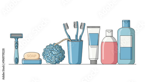Array of personal care products for daily hygiene featuring a razor, bar soap, toothbrushes, toothpaste, and bath sponges on a plain surface.
