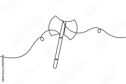 Double bladed battle axe icon continuous one line drawing on white background minimal weaponry tools symbol outline vector illustration