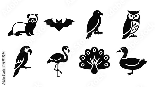 A collection of various animal figures in black including a ferret bat birds and a peacock silhouette high quality professional detailed