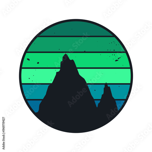 Grunge vintage sunset. Colorful striped sunrise badge in 80s and 90s style. Sun and ocean view, summer vibes, surfing. Design element for print, logo or t-shirt. Vector illustration