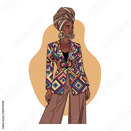 Stylish Black Woman in African Print Blazer and Turban