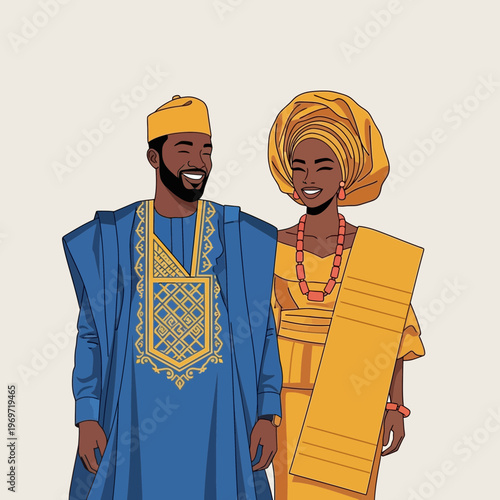 Smiling African couple in traditional vibrant attire, celebrating culture