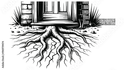Monochrome illustration of tree roots growing under a wooden door isolated on transparent background