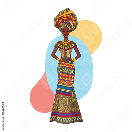Vibrant African Woman in Traditional Attire with Geometric Patterns