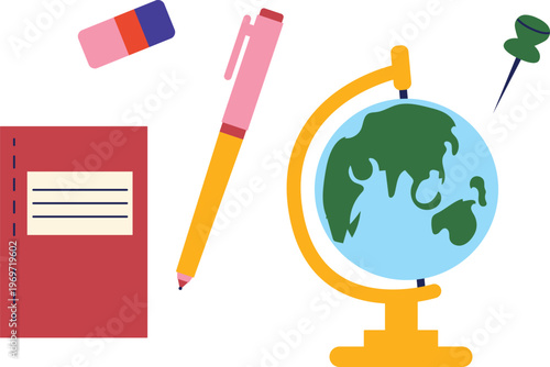 Colorful illustration of classic school and geography supplies