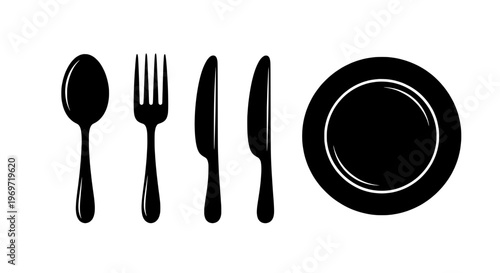 Cutlery set with spoon, fork, knives and plate, simple black silhouette icons for dinning and food preparation