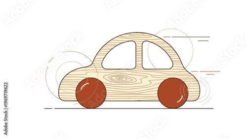 Charming wooden toy car illustration features dynamic motion lines to suggest speed and fun play for young children in a vintage style.