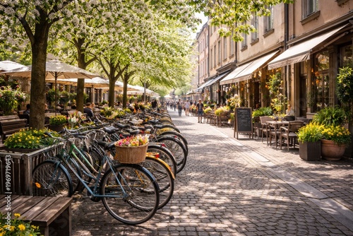 Beautiful European street with parked bicycles, spring flowers, sunlit, outdoor cafes, trees, peaceful day, urban travel scenery