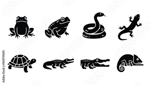 A collection of various reptile and amphibian silhouettes displayed in a row showcasing distinct animal forms silhouette high quality professional detailed