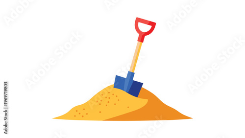 Bright blue plastic shovel is stuck into a small pile of golden sand, representing summer fun at the beach or playing in a sandbox.