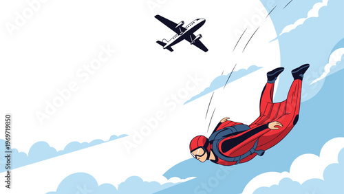 Daring skydiver wearing a red jumpsuit and helmet falls through the bright blue sky after jumping from a propeller plane in the distance.