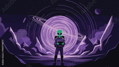 Lone alien explorer in a spacesuit stands on the rocky surface of a purple planet under a starry sky with a large ringed celestial body.