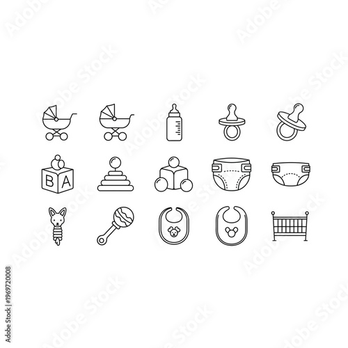 Black and white icons of baby items on white background