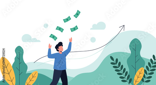 Happy man celebrates financial success as money falls from the sky against a backdrop of green hills and a rising arrow graph.