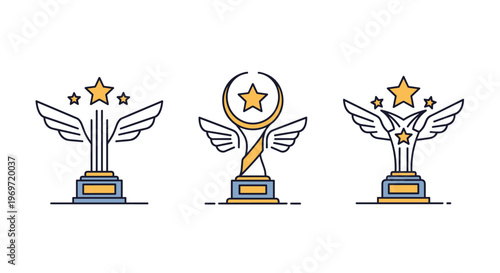 Set of three stylized trophy icons with stars and wings representing various levels of achievement and victory in competition.