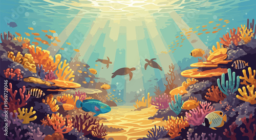 Vibrant Underwater Coral Reef Scene with Sea Turtles and Tropical Fish