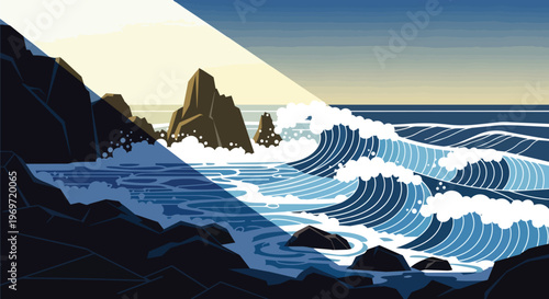 Stylized Pixel Art Seascape with Crashing Ocean Waves and Rocky Coastline