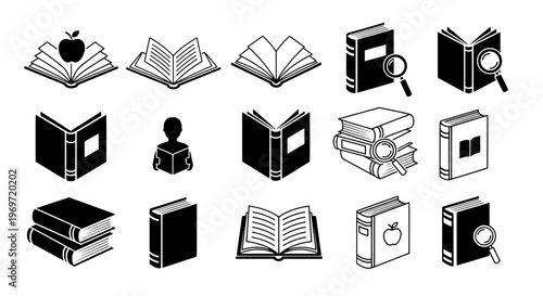 Books icon set with open pages, stacks, and magnifying glasses featuring reading, education, knowledge with learning and study elements for icons,