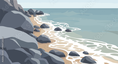Vector illustration of a rocky coastline with ocean waves crashing on a sandy beach