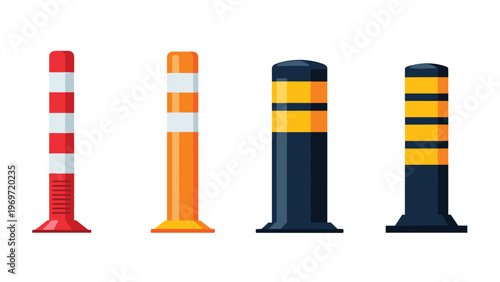 Variety of traffic safety bollards and delineator posts are shown in different colors and patterns for road management and pedestrian protection.