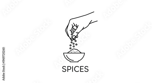 Minimalist line art illustration of a hand sprinkling salt or spices into a bowl with the word spices written below it.