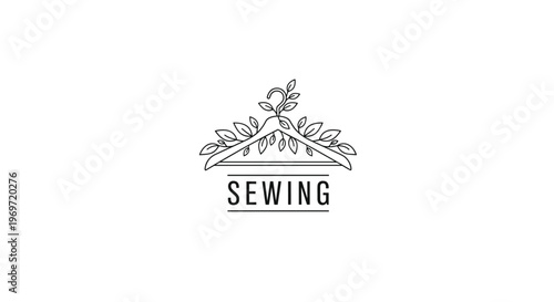 Simple line art drawing of a clothing hanger decorated with leafy branches above the word sewing for a craft or fashion brand.
