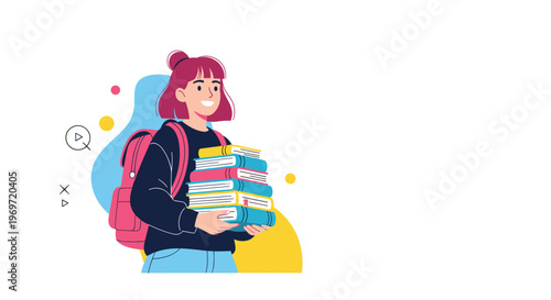 Cheerful school girl with a pink backpack carries a large stack of colorful books against a bright abstract background.