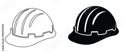 Safety helmet icon set with outline and solid black silhouettes.