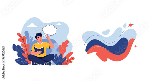 Young man sits cross-legged reading a book with a thought bubble above his head symbolizing creative thinking and learning.