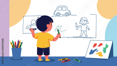 Creative young child focuses on drawing people and vehicles on a large white wall using colorful crayons in a bright and playful room.