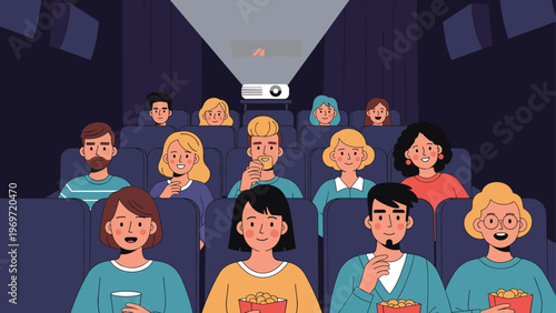 Diverse group of people sits in a dark cinema auditorium, eating popcorn and drinking soda while watching an entertaining movie on screen.