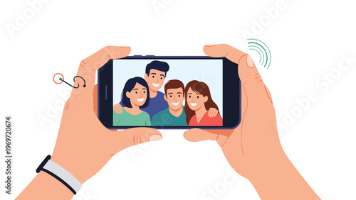 Two hands hold a modern smartphone to take a group selfie of four smiling friends during a social gathering or fun outing together.