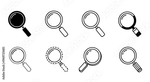 Magnifying glasses set with various styles and designs including solid and dashed lines featuring black and white, illustration, icon with search and