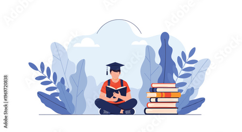Student wearing a graduation cap sits cross-legged reading a book amidst stylized leaves and a stack of books for study.