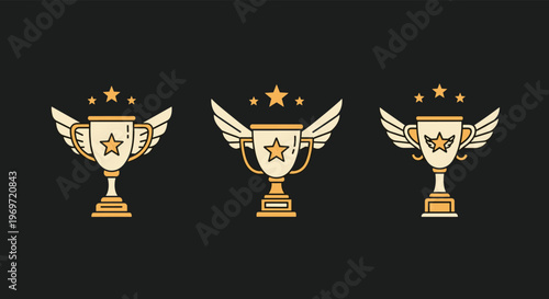 Set of three golden trophy icons with wings and stars on a black background representing victory and merit in competition.