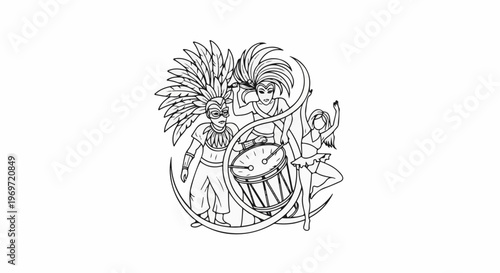 Festive parade with dancers, drummer, and elaborate feathered headdresses