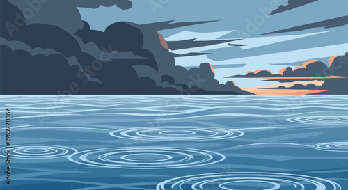 Pixel Art Ocean Surface with Raindrops and Stormy Sky Background