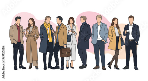 Group of fashionable men and women in various stylish coats and business attire standing together in a diverse line.