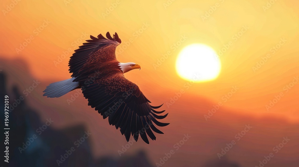 Obraz premium Soaring bald eagle against sunset sky symbolizing freedom and strength