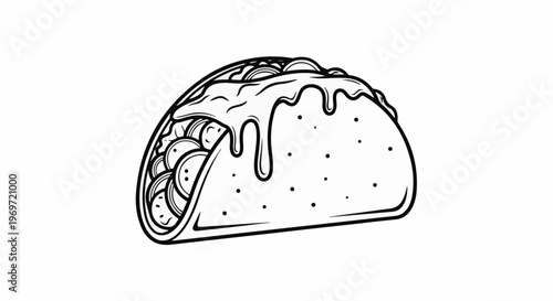 Hand-drawn line art of a taco with melted cheese dripping